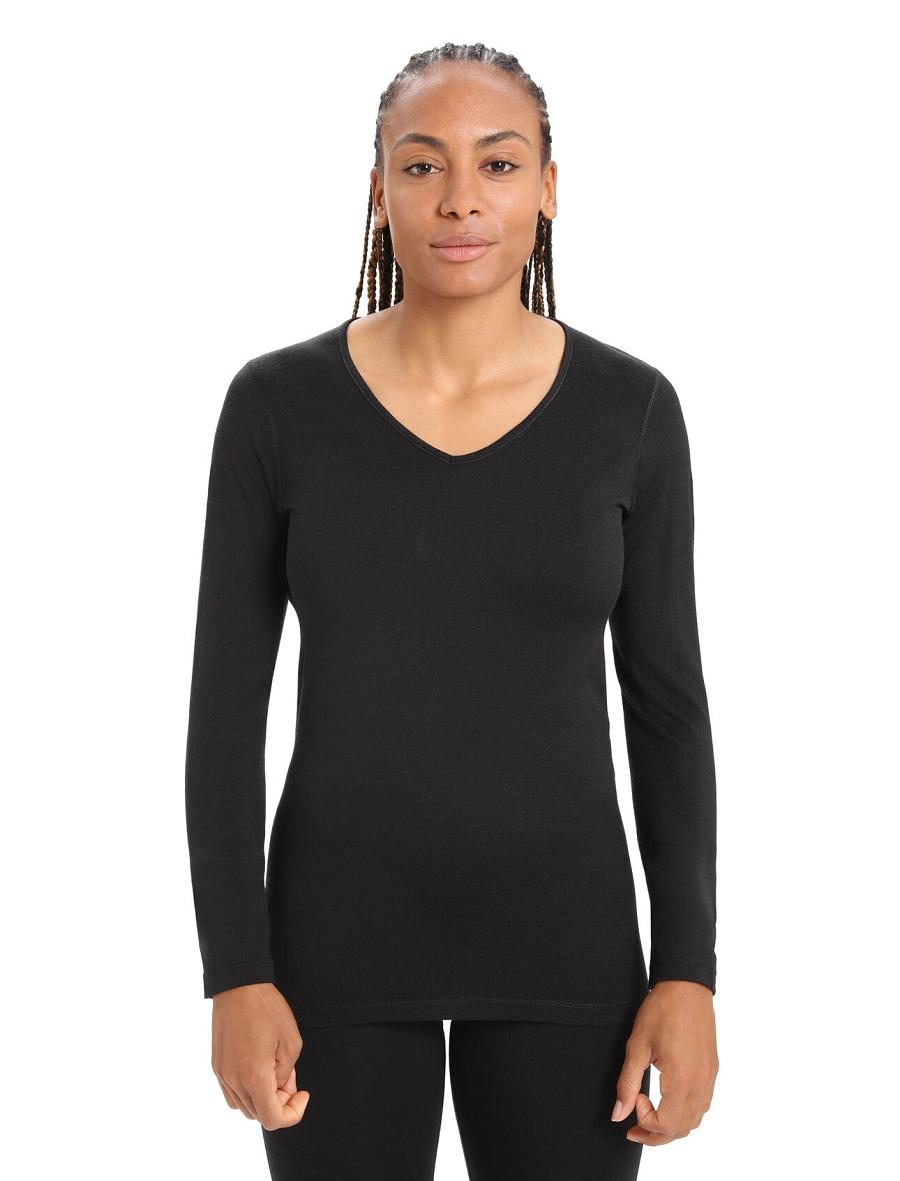 Black Women\'s Icebreaker Merino 200 Oasis Long Sleeve V Neck Thermal Top Base Layers | USA 1853RVDW